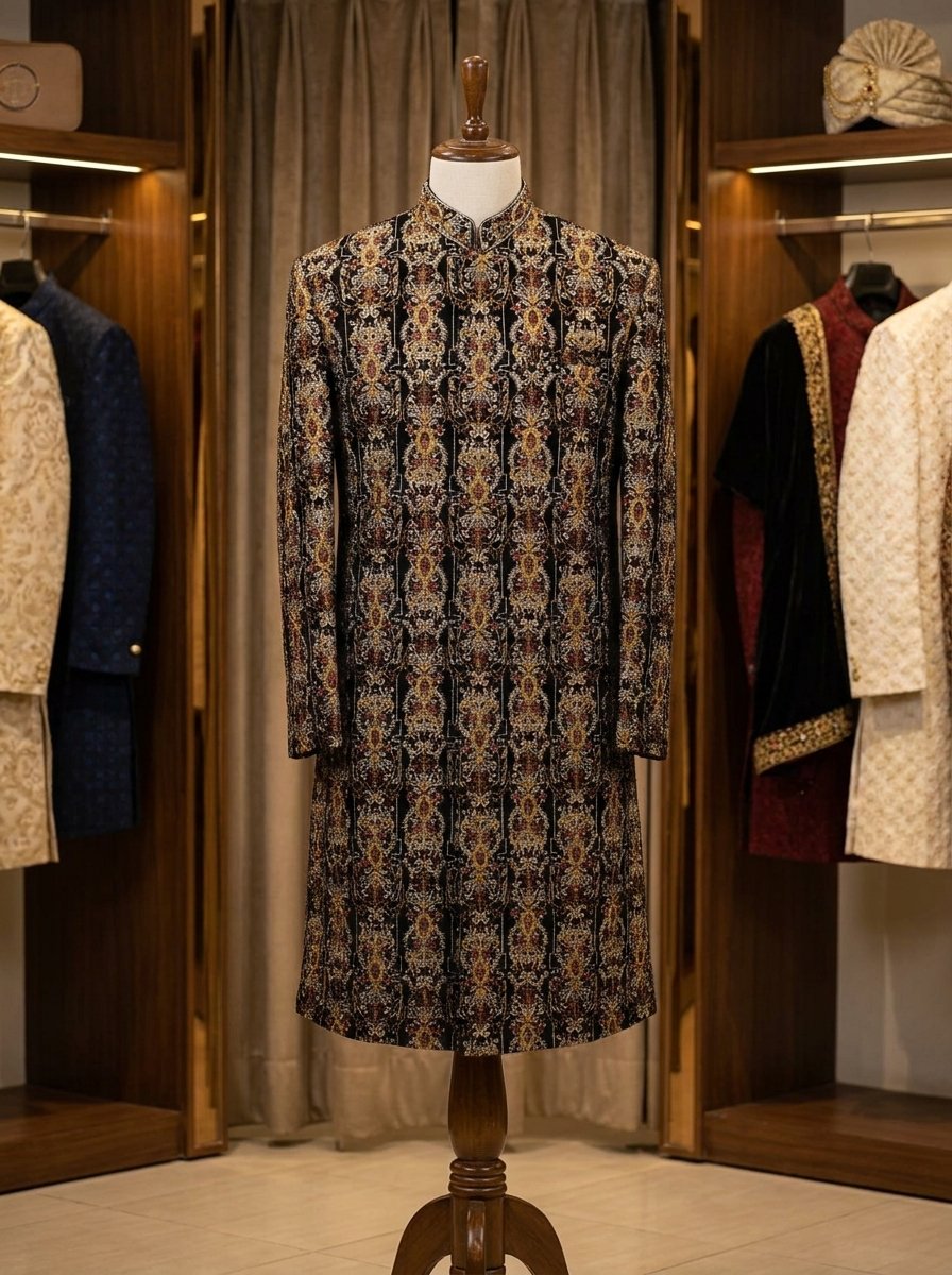 Designer Black Vevlet Embroidered Sherwani